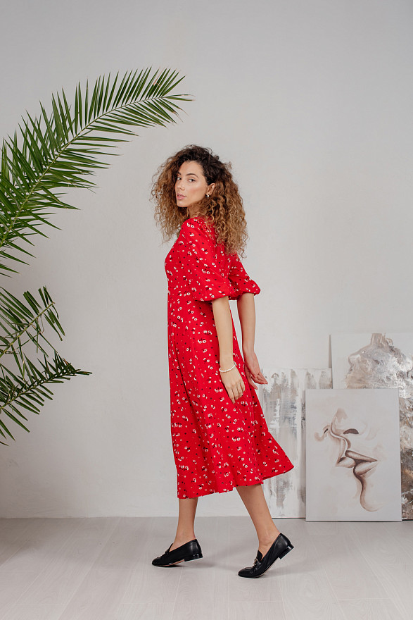 Red long floral print dress