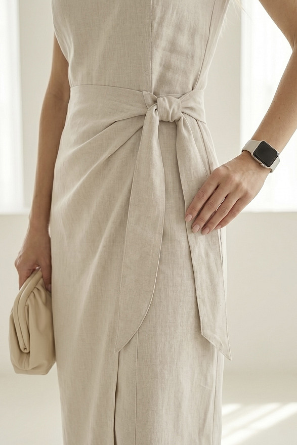 Sand-colored asymmetrical midi dress with a decorative wrap