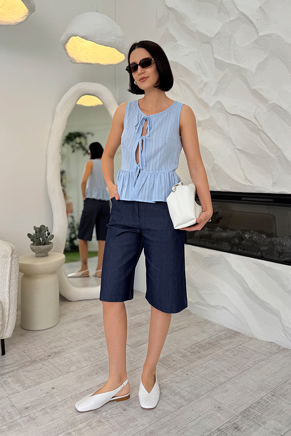 Голубой котоновый топ на завязках