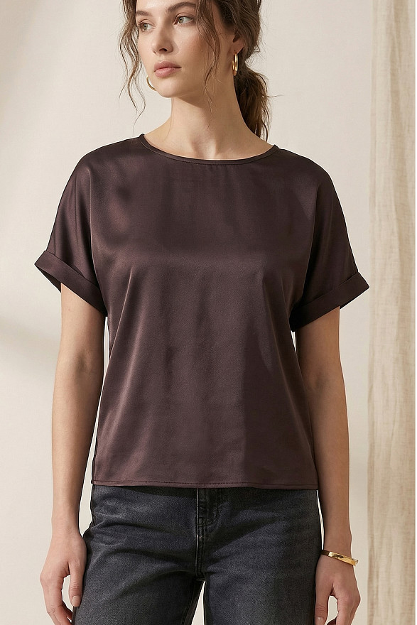 Шоколадный шелковый топ свободного кроя с цельнокроеными рукавами