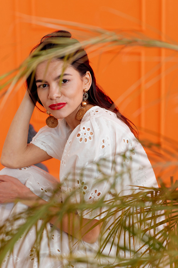 Long dress with openwork embroidery and buttons