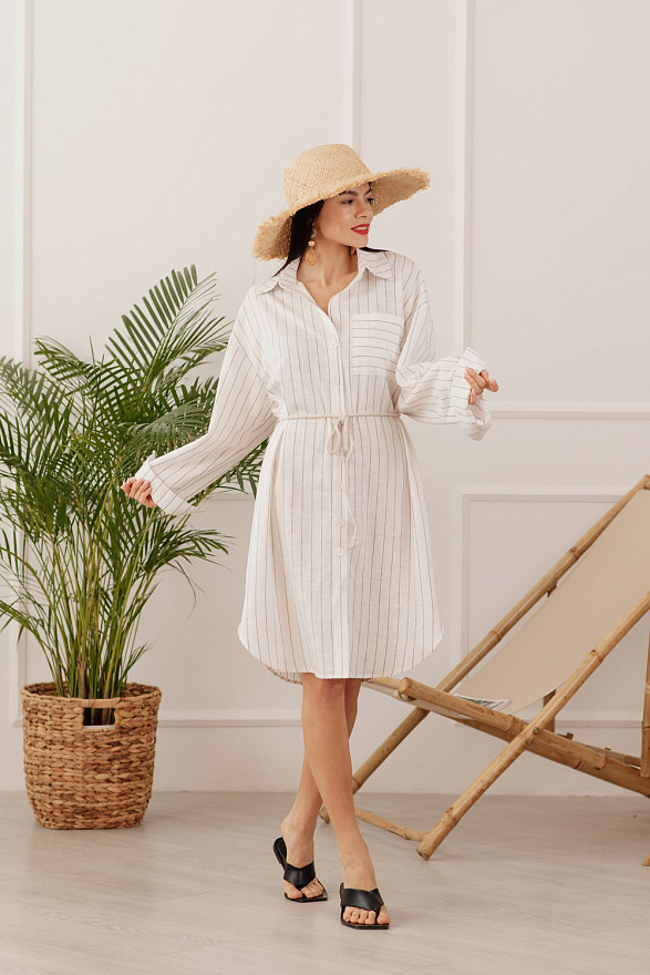 White Belted Striped Shirt-dress