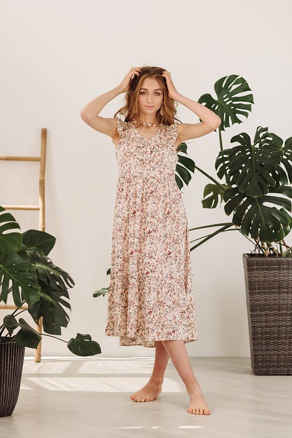 Long beige dress with ruffles