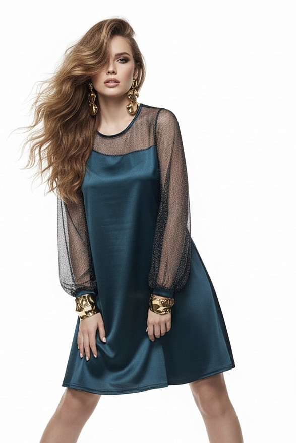 Green A-line loose dress with translucent mesh