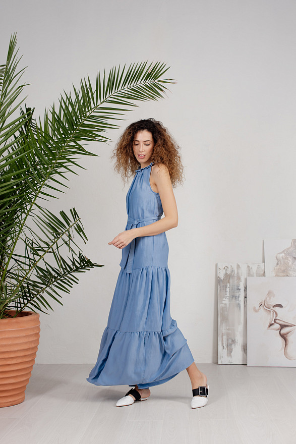 Blue tiered floor-length dress with ties