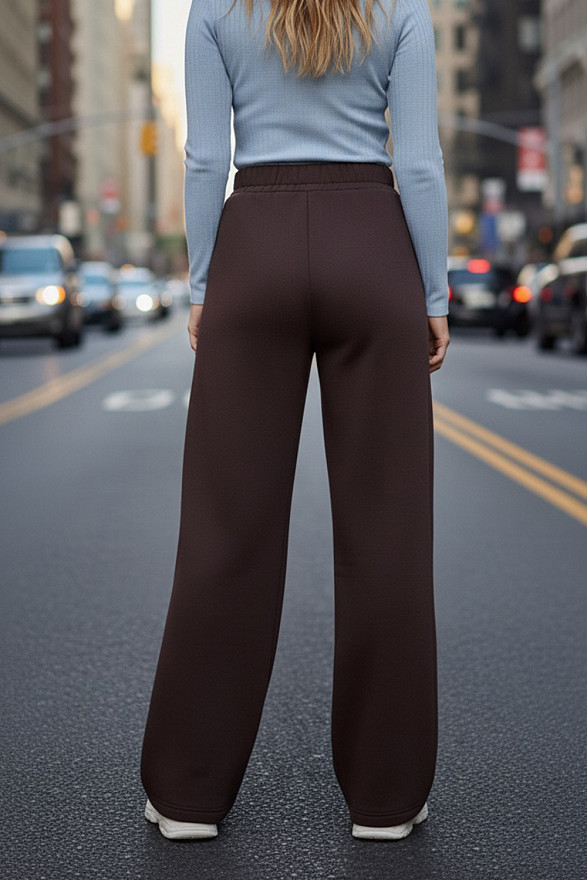 Chocolate wide-leg knit trousers with fleece lining