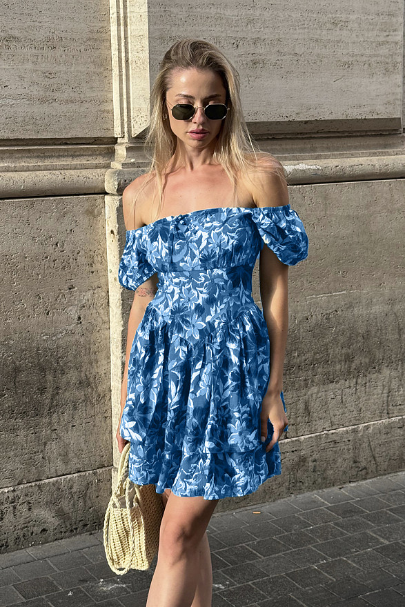 Blue dress with a full double skirt and puff sleeves