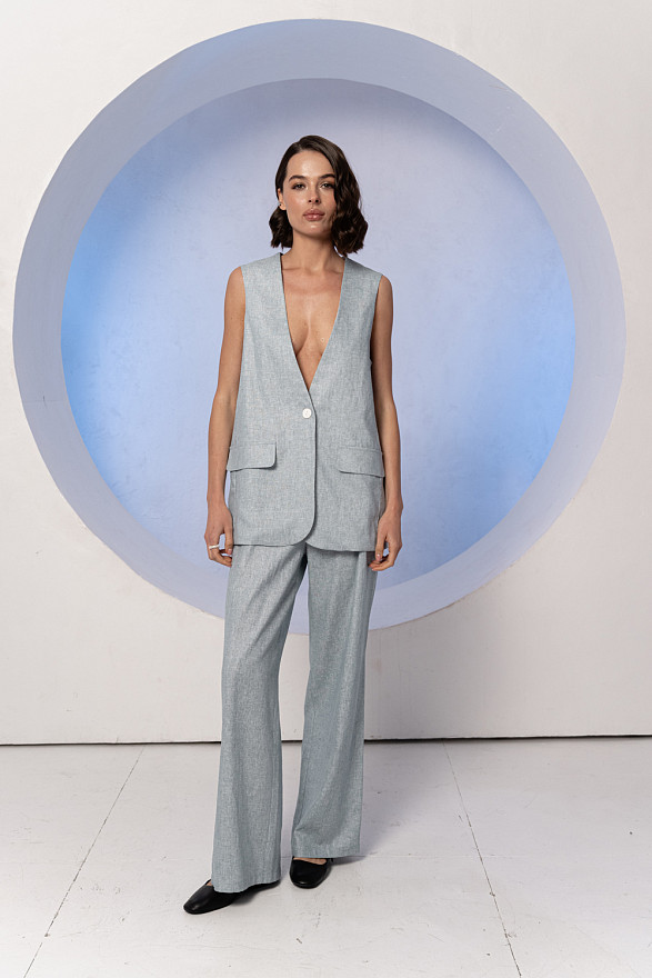 Сіро-блакитний подовжений лляний жилет без коміра