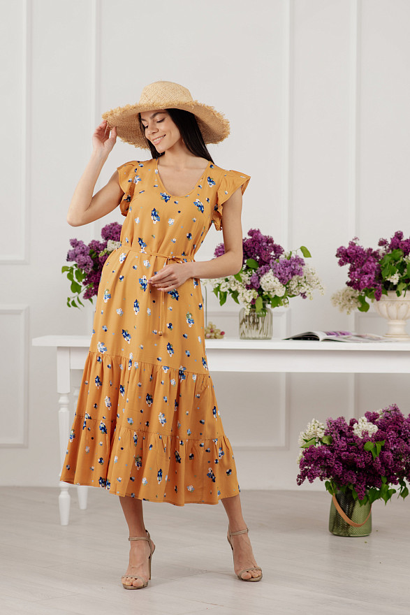 Желтое макси платье свободного кроя в цветочный принт