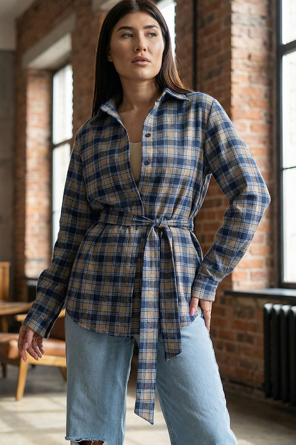 Light blue straight women's checkered shirt