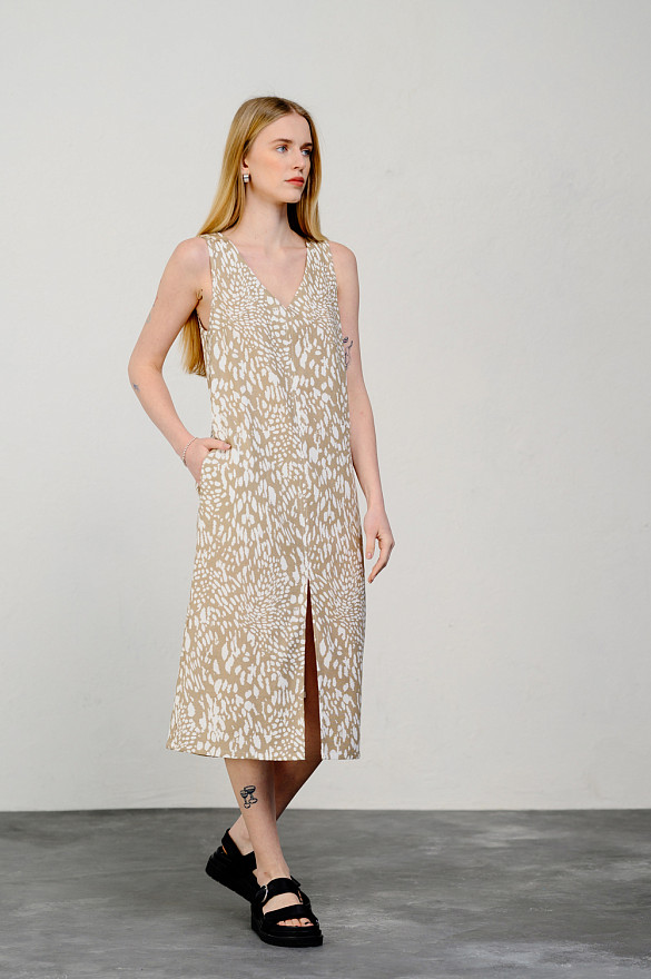 Beige Linen Sleeveless Dress