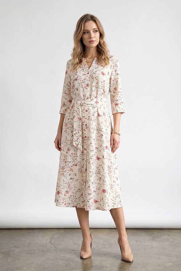 Коралловое платье-рубашка свободного кроя с поясом