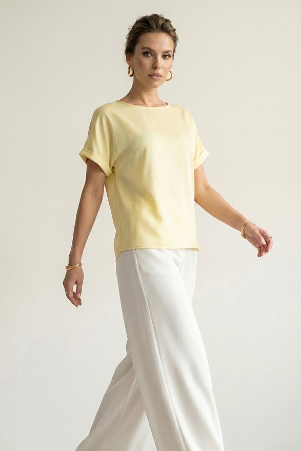 Yellow silk loose-fitting top with cap sleeves