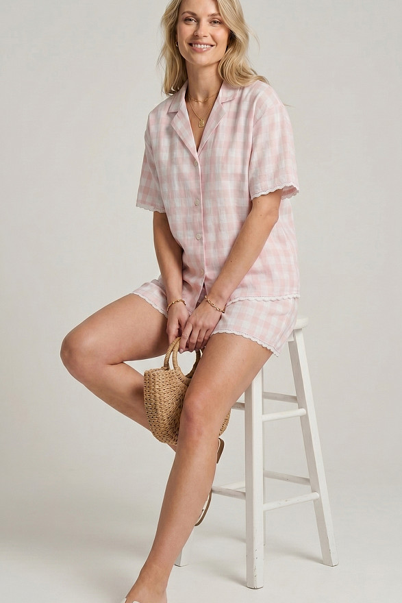 Pink Vichy Check Two-Piece Suit with Lace Trim