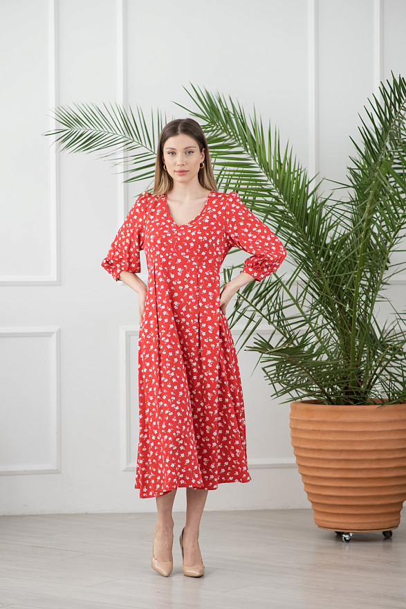 Red long floral print dress