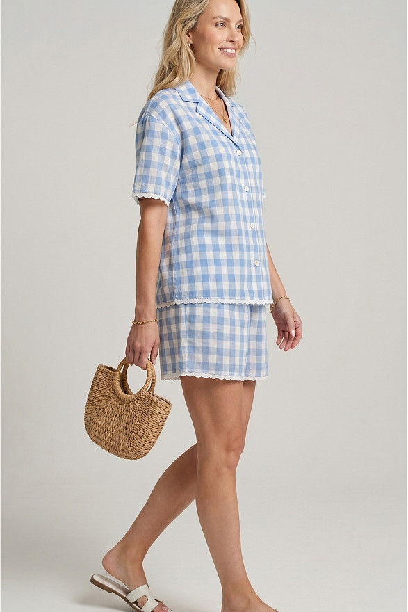Blue Vichy check two-piece suit with lace trim