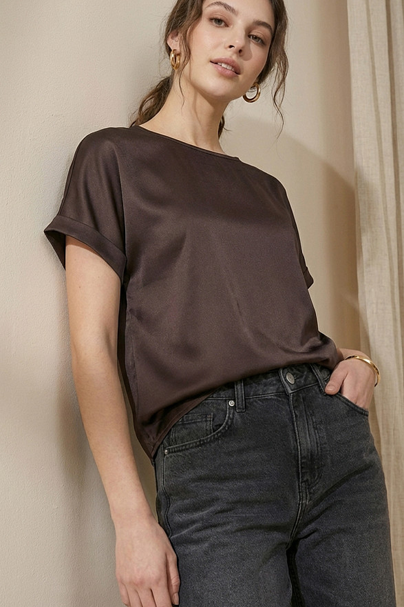 Шоколадный шелковый топ свободного кроя с цельнокроеными рукавами