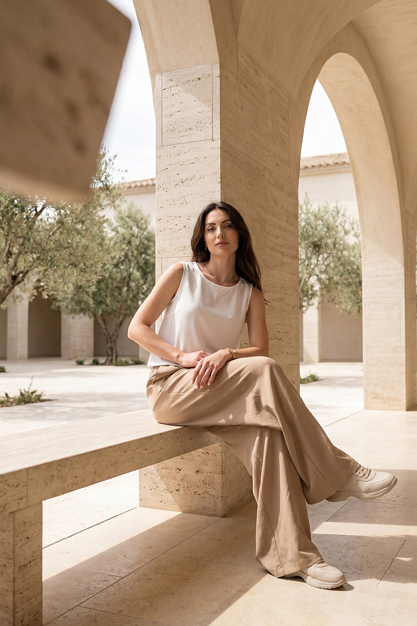 Beige loose trousers with elastic waistband