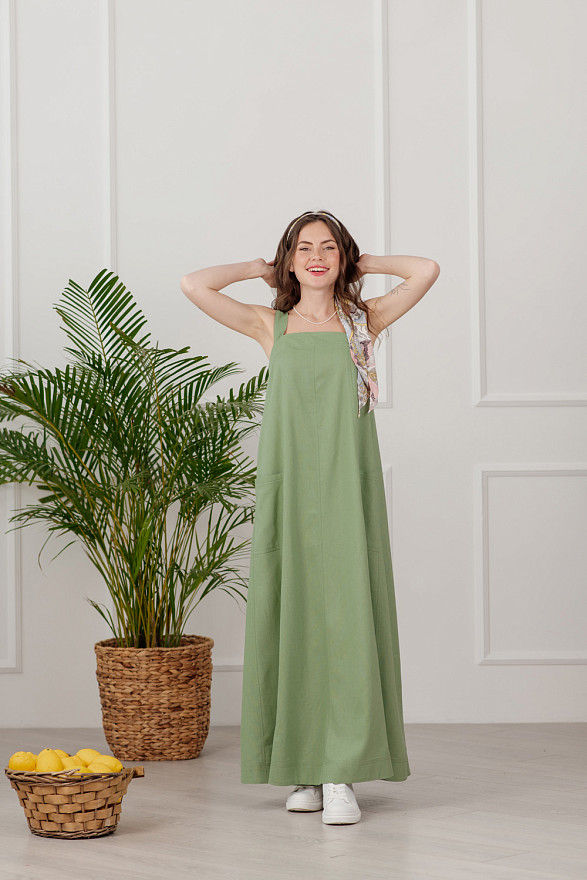 Довгий лляний сарафан з кишенями