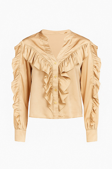 Stylish women's blouse with long sleeves and flounces is a versatile wardrobe item that can be easily combined with skirts, trousers or jeans. The V-neck visually stretches the silhouette, and the flounces add lightness and romance. Suitable for the office, business meetings and festive occasions.