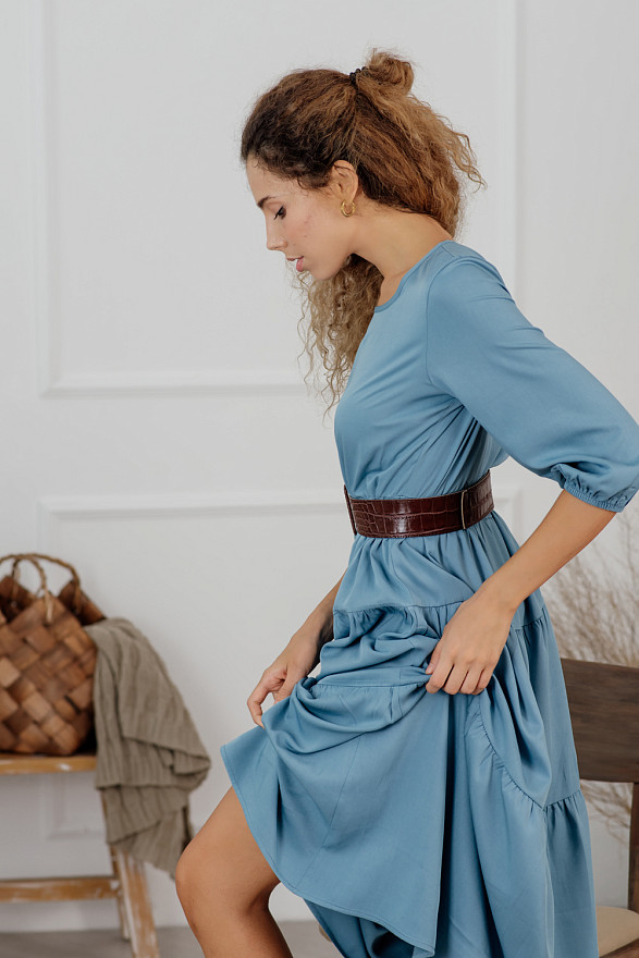 Light Blue Puff Sleeve Ruffle Midi Dress