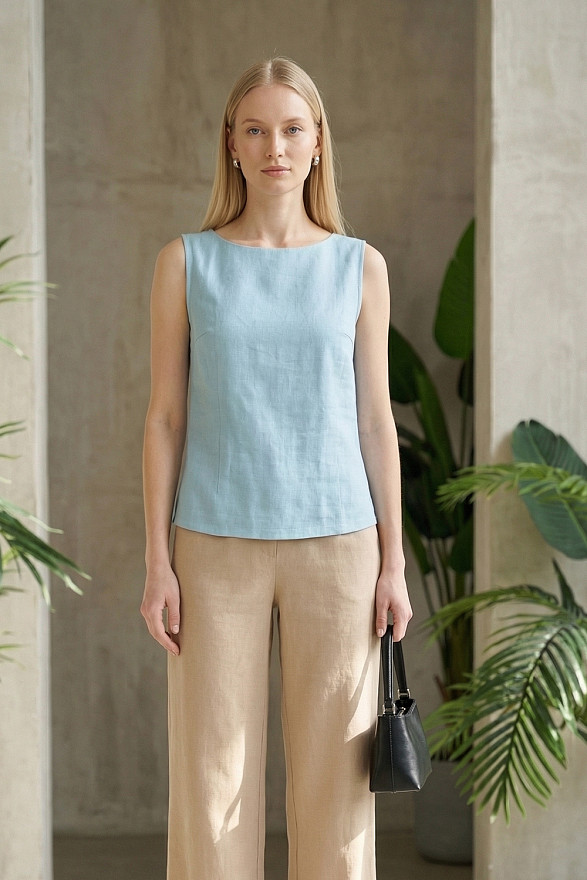 Бирюзовый льняной топ с разрезами