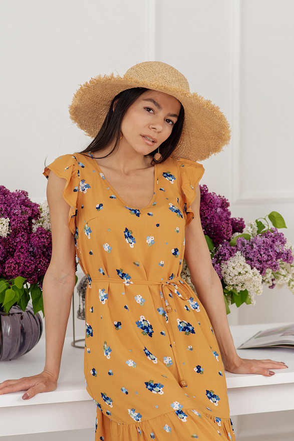 Желтое макси платье свободного кроя в цветочный принт