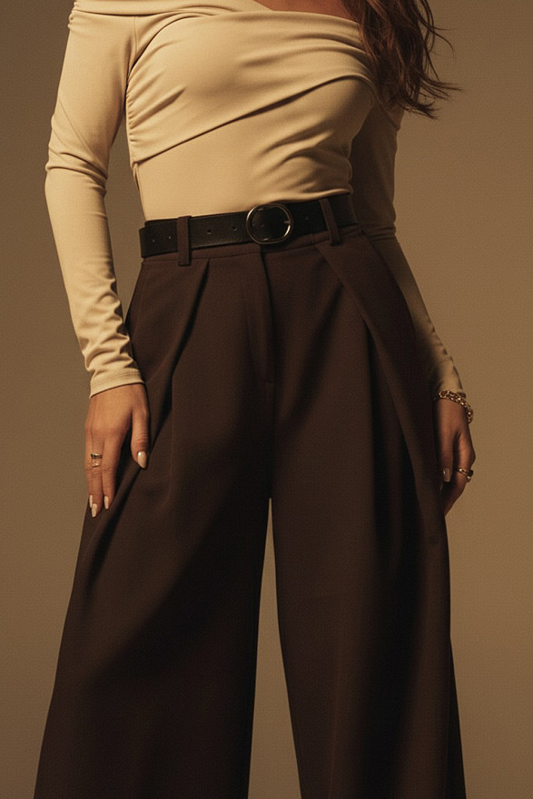 Chocolate palazzo pants with a waistband and pockets