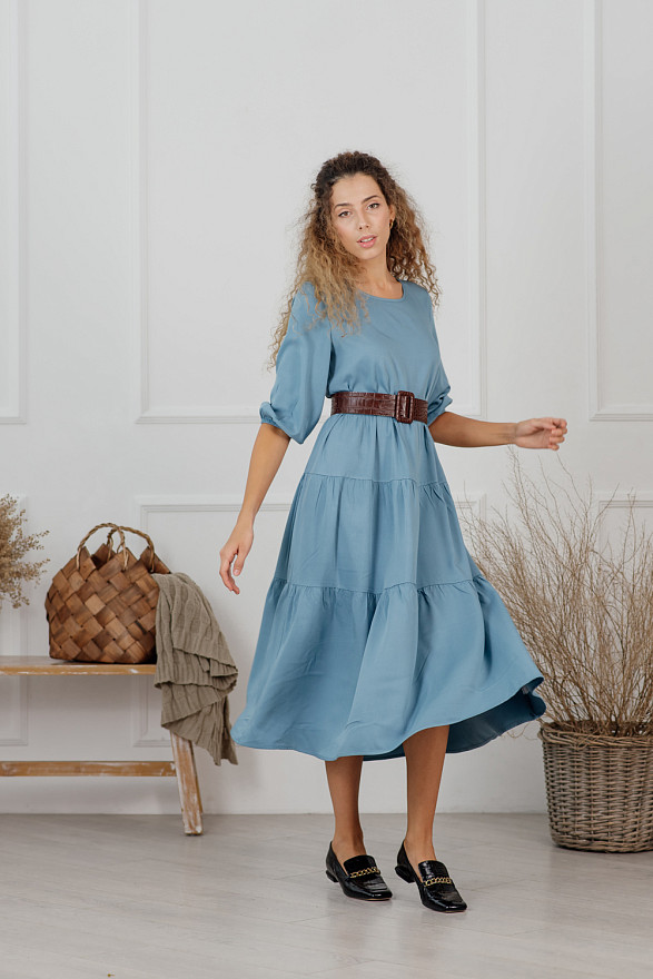 Light Blue Puff Sleeve Ruffle Midi Dress