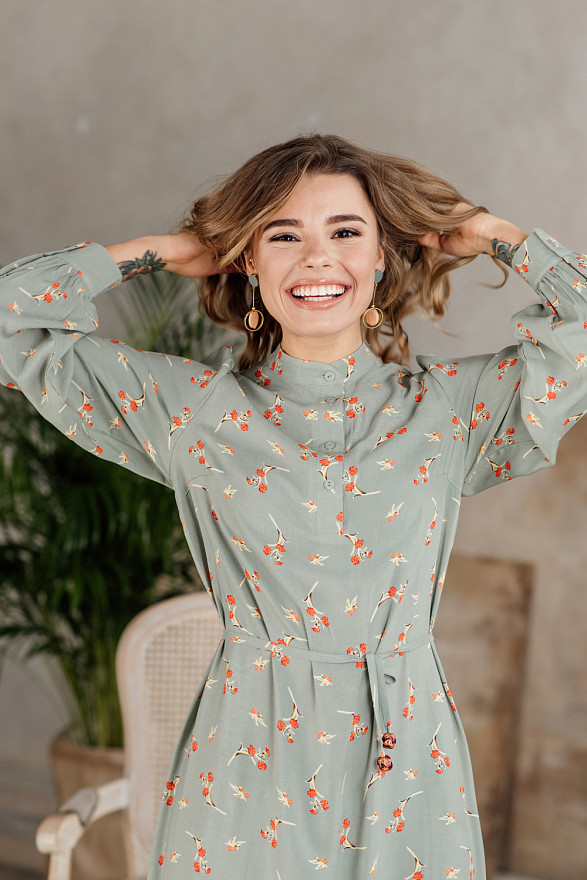 Olive ruffle dress with floral print