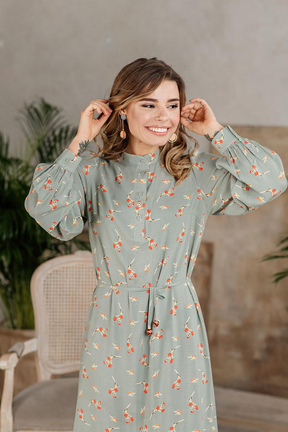 Olive ruffle dress with floral print