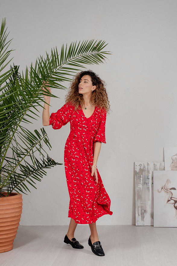 Red long floral print dress