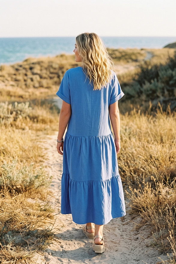 Light blue V-neck midi dress with wide ruffles