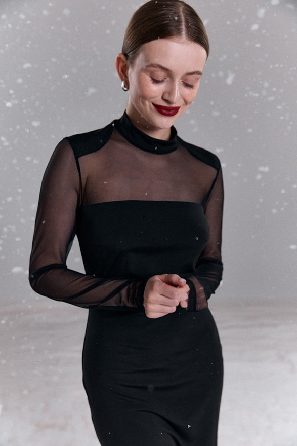 Black fitted dress with elegant mesh inserts