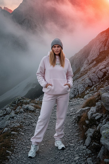 A cozy, loose-fitting fleece suit with a hoodie and pants. It features a hood, kangaroo pocket, side pockets, and decorative patches. Soft fleece and ribbed edges provide maximum comfort and style.
