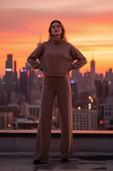 A warm walking suit made of soft knitted angora. The trousers feature a comfortable elastic waistband and side pockets for a snug fit. The cropped, loose-fitting sweatshirt with dropped sleeves and a stand-up collar creates a modern silhouette. Cuffs on the sleeves add a neat touch. Perfect for walks, travel, and everyday wear.