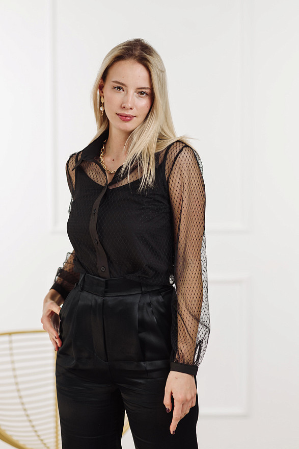 Black polka dot mesh blouse