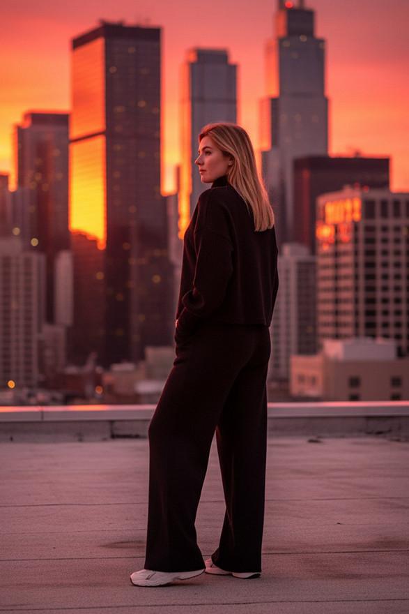 Black walking suit made of soft knitted angora