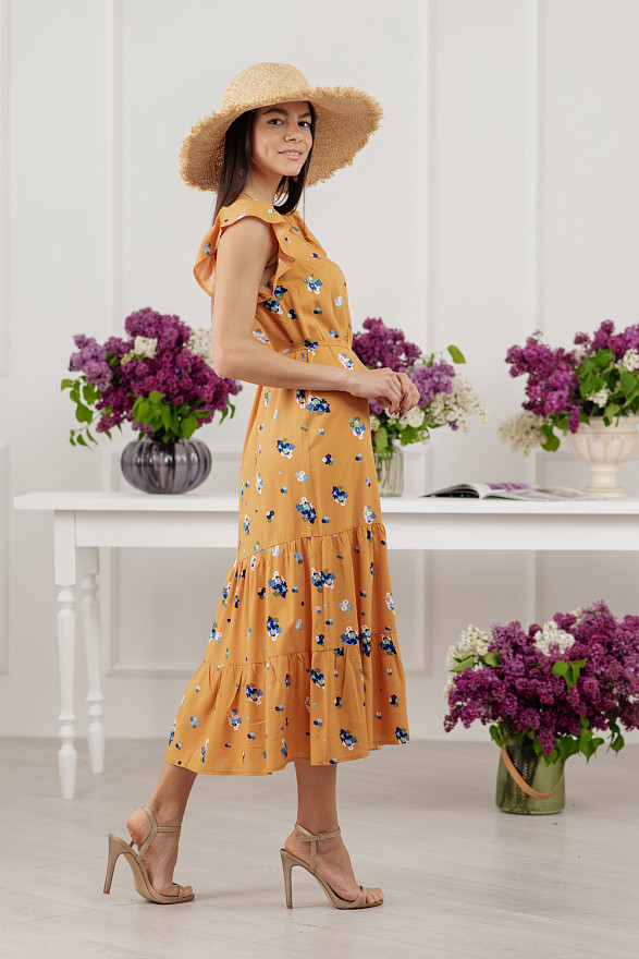 Желтое макси платье свободного кроя в цветочный принт