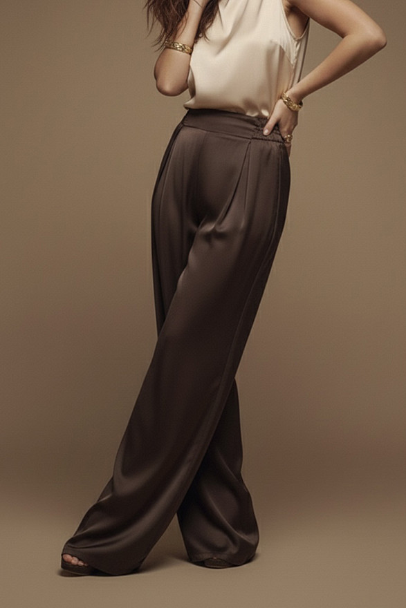 Chocolate palazzo pants with elastic waistband and pockets