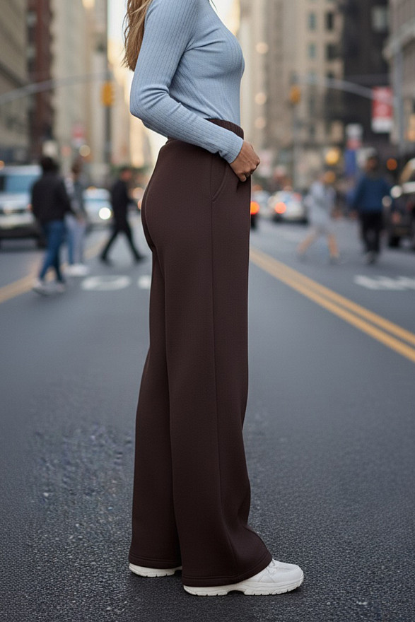 Chocolate wide-leg knit trousers with fleece lining