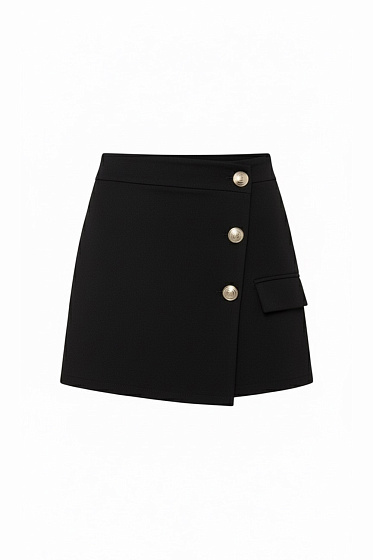 This high-waisted skort is a stylish solution for those who value both comfort and elegance. It features decorative buttons down the front and a convenient side zipper for a perfect fit. Its versatile cut is perfect for both casual and office wear, and pairs beautifully with blouses, tops, and jackets.