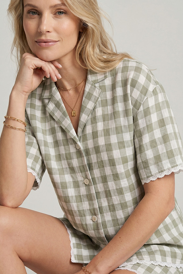 Olive two-piece suit in Vichy check with lace trim