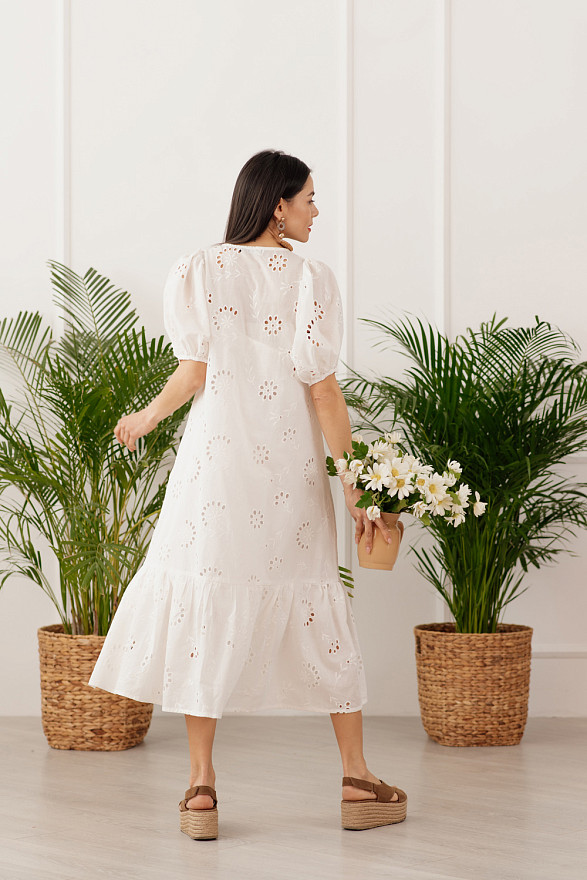 Long dress with openwork embroidery and buttons