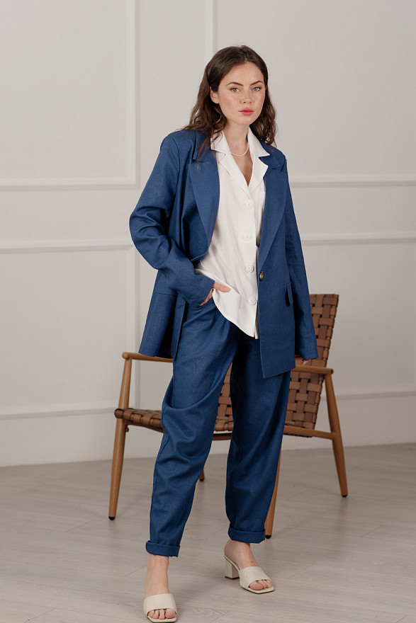 Синий двубортный оверсайз пиджак