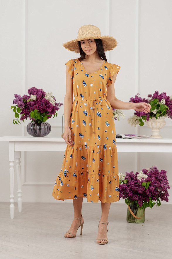 Желтое макси платье свободного кроя в цветочный принт