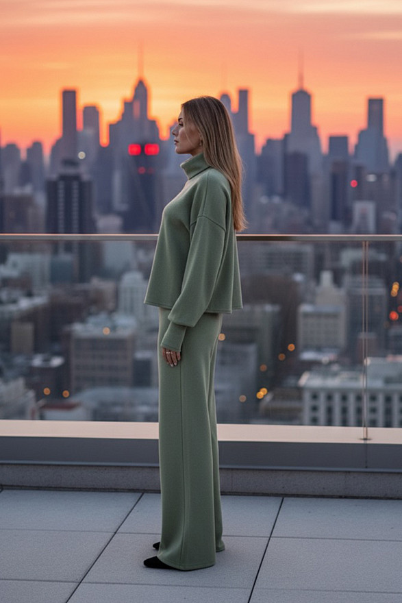 Оливковый прогулочный костюм из мягкой вязаной ангоры