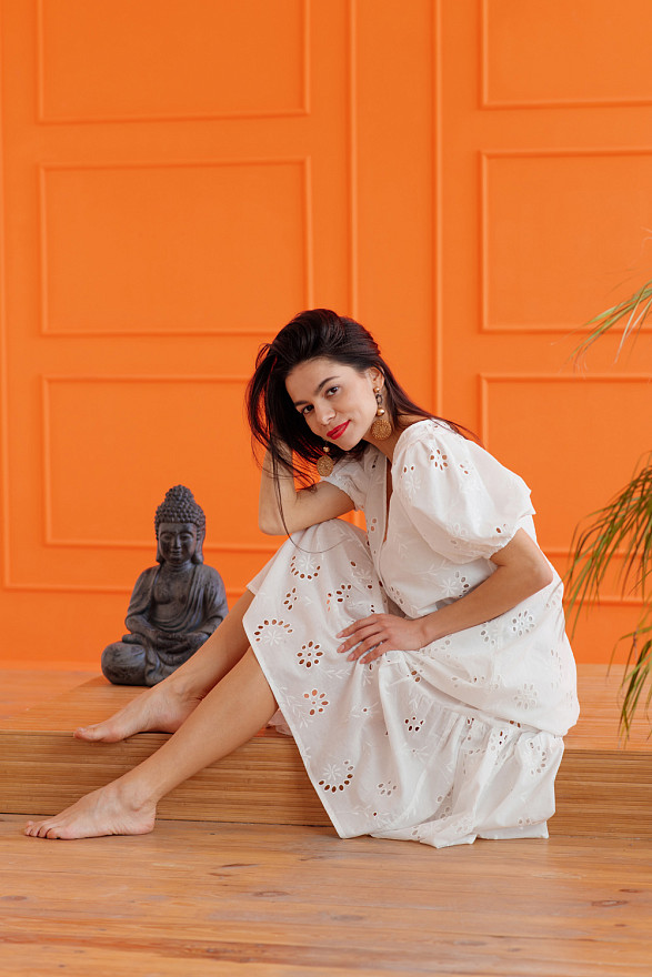 Long dress with openwork embroidery and buttons