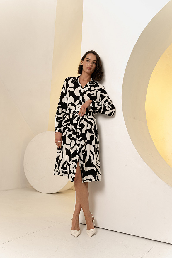 Black and White Swing Shirt Dress with Belt