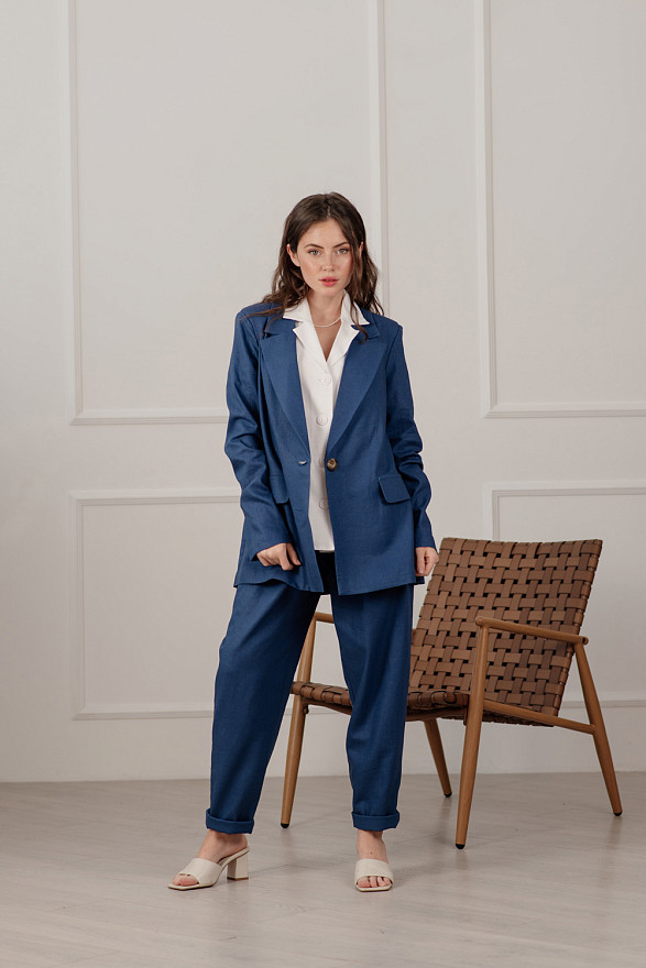 Синий двубортный оверсайз пиджак